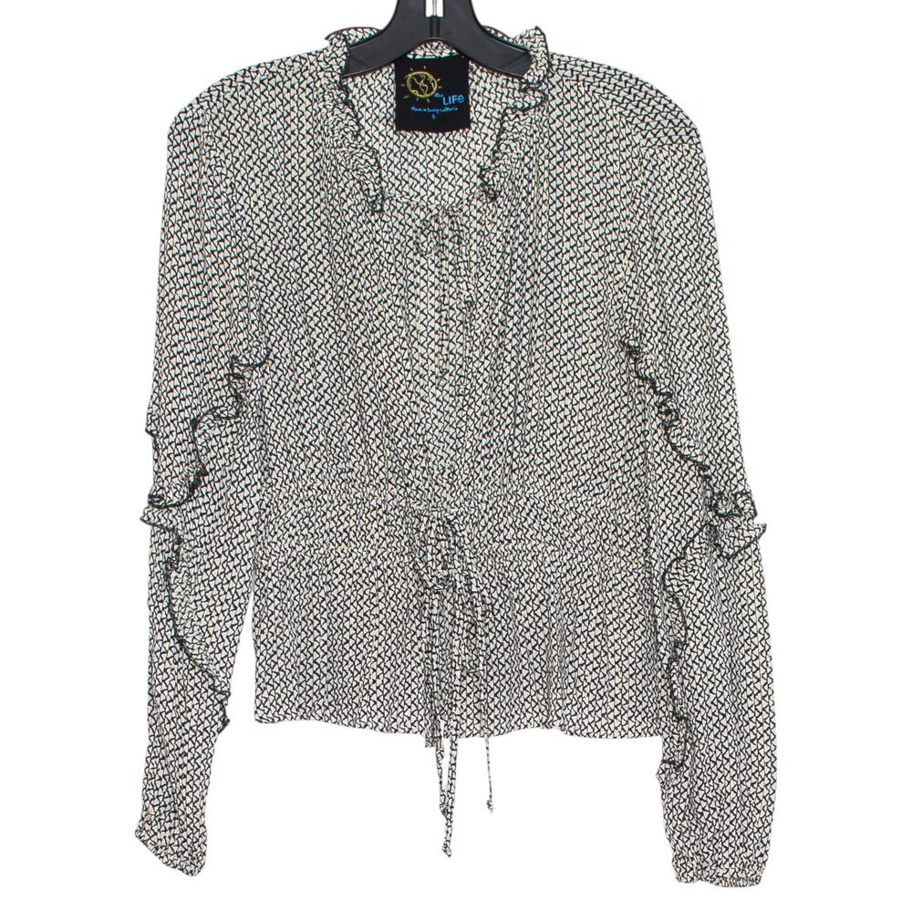 Blue Life Peasant Top Lightweight Metallic Tie Front Ruffle Boho Black White S